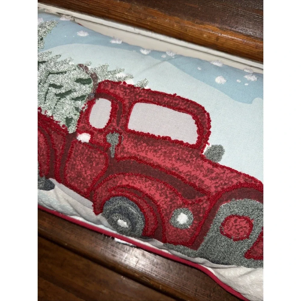 Decorative Pillow Red Truck in Snow‎ with Christmas Tree embroidered